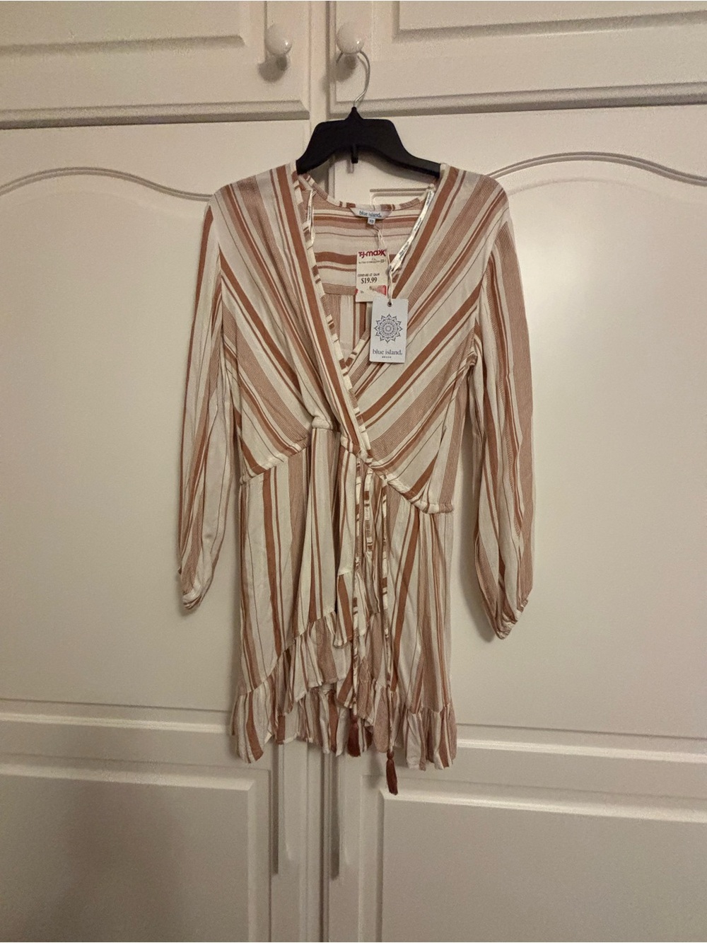 blue island Beige and Cream Striped Wrap Dress with Ruffle Hem